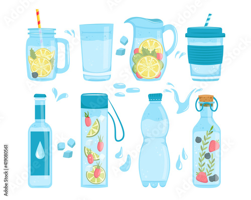 Water bottles set. Detox drinks and fresh tasty lemonade with fruits. Sports and glass bottle. Healthy lifestyle. Vector illustration.