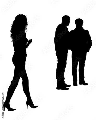 Young man and woman walking at street. Isolated silhouette on a white background