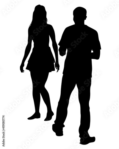 Young man and woman walking at street. Isolated silhouette on a white background