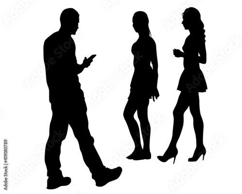 Young man and woman walking at street. Isolated silhouette on a white background