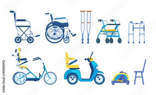 Orthopedic accessories for people with restricted abilities handicapped disabled people elderly. Orthopedic equipment cane crutches walkers wheelchair scooter bicycle lift for disabled people photo