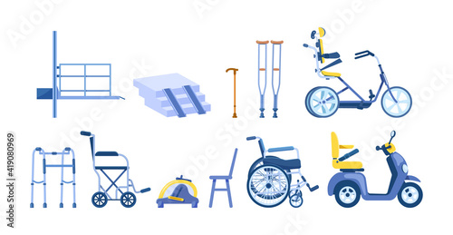 Orthopedic accessories for people with restricted abilities, handicapped, disabled people, elderly. Orthopedic equipment cane crutches walkers wheelchair scooter bicycle for disabled people