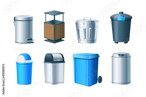 Waste bins, basket, trash can and dustbin set. Metal, wood and plastic garbage containers. Waste bins with lids, bucket with pedal, office baskets, urns, garbage bags, sorting containers