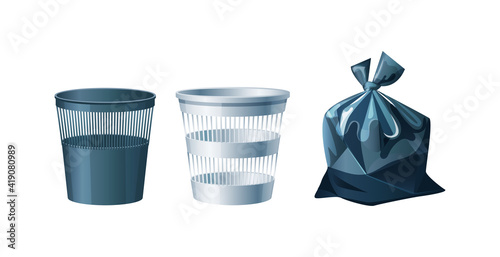 Оffice mesh metal and plastic bucket and trash bags. Waste sorting and recycling vector