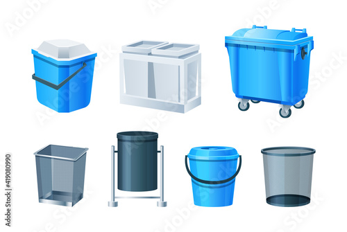 Waste bins, basket, trash can and dustbin set. Metal plastic garbage containers. Waste bins with lids, bucket with pedal, office baskets, urns, garbage bags, containers. Waste sorting recycling