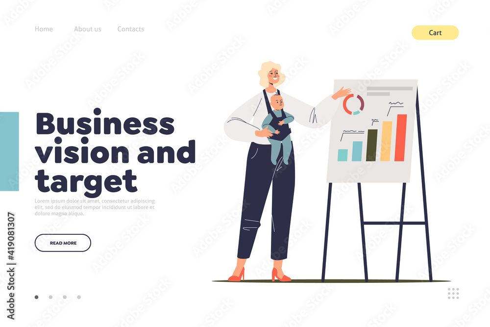 Business vision and target landing page with businesswoman with newborn present new project