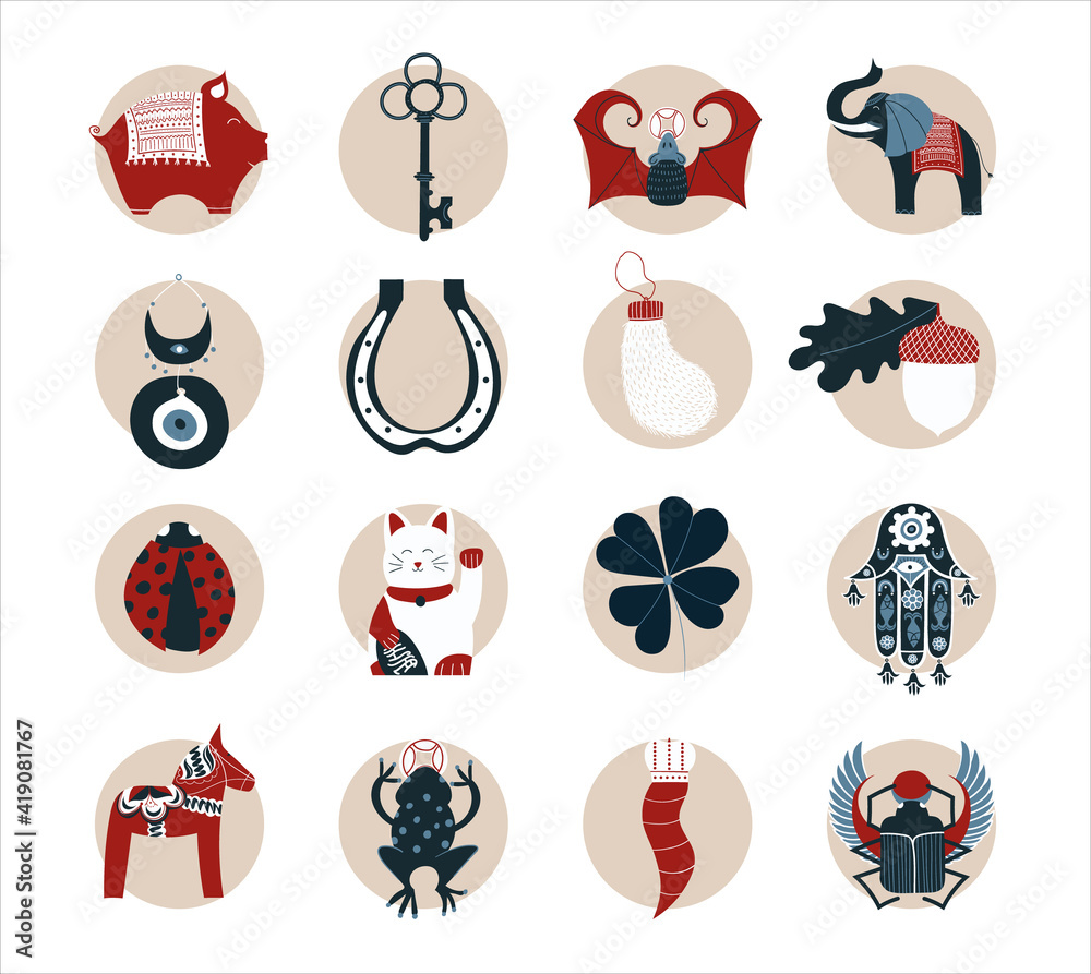Set Of Lucky Charms Symbols Amulets Talismans Good Fortune Symbols 