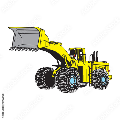 Vector illustration with cartoon flat industrial excavator. Vector construction equipment. Mining flat transportation. Heavy machinery object. Isolated excavator on white background. Children toy