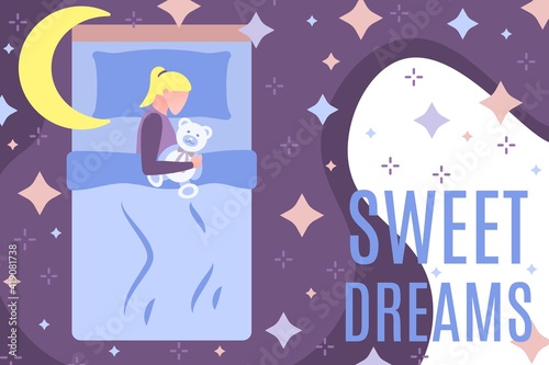 Sweet dreams banner template. Top view of beautiful girl dressed pajamas sleeping in bedroom at night. Rest, healthy comfort sleep, biological rhythms cartoon vector illustration