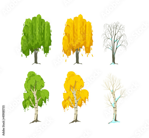 Cartoon tree at different times of year. Birch and willow seasonal tree for game scenes. Green planting trees for garden forest park. Three seasons summer, autumn, winter cartoon isolated