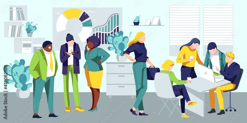 Business team working on project in office. Multicultural employees discussing and working in open space office. Collaboration process, business meeting concept flat vector illustration