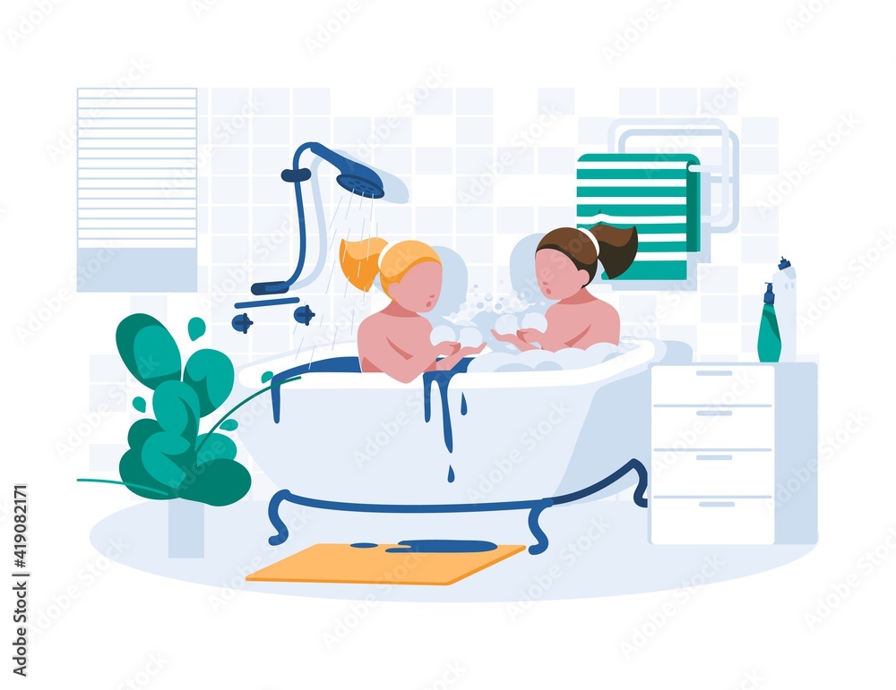 Two girls taking bubble bath together. Home bathroom interior with cute