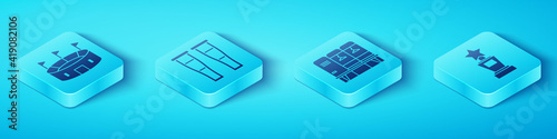 Set Isometric Hockey stadium, Crutch or crutches, Award cup and Locker or changing room icon. Vector.