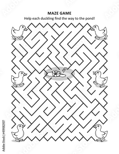 Maze game and coloring page for kids: Help each duckling find the way to the pond!
