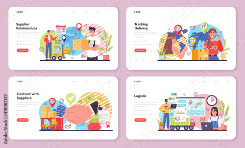Suppliers web banner or landing page set. B2B idea, global logistic