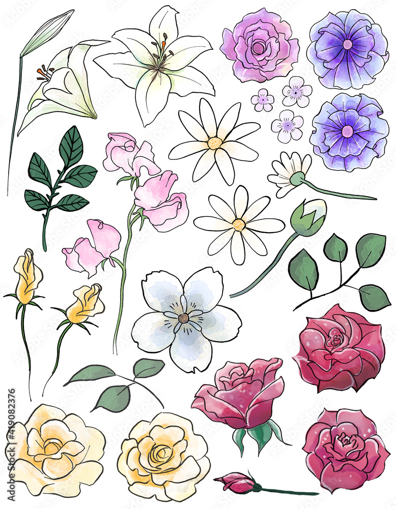 花のイラストセット 少女漫画タッチ背景用 Stock Illustration Adobe Stock