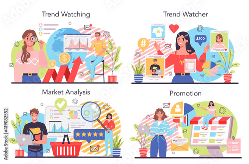 Trend watcher concept set. Specialist in tracking the emergence