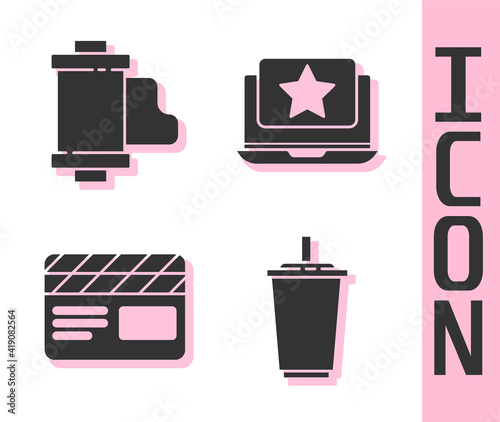 Set Paper glass with water, Camera vintage film roll cartridge, Movie clapper and Laptop with star icon. Vector.