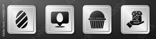 Set Easter egg, Speech bubble with easter egg, Easter cake and Human hand and easter cake icon. Silver square button. Vector.
