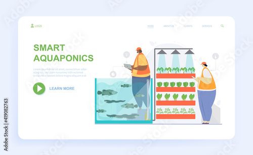 Male and female characters are working on aquaponics together. Man and woman producing food by connecting aquaculture and hydroponics. Website, web page, landing page template. Vector illustration