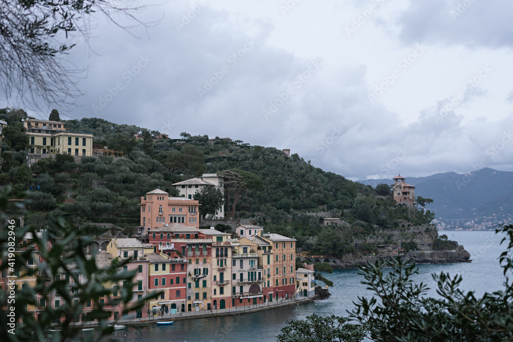 View from above on small harbour and small town Portofino on Ligurian sea in northern Italy
