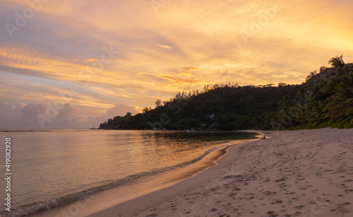 Sunset view of Baie Lazare beach on Mahe Island in the Seychelles