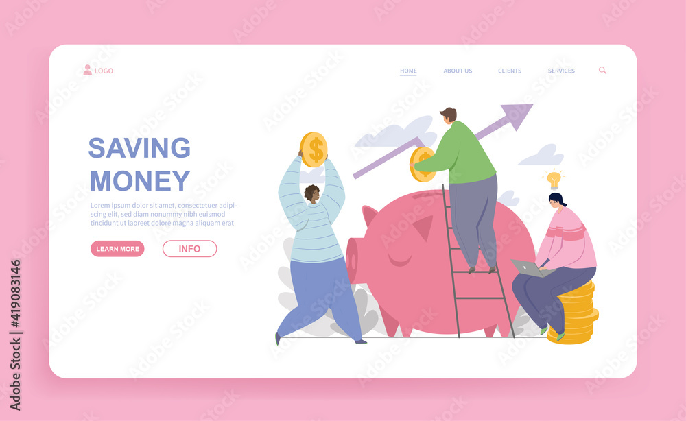 Male and female characters are saving money in piggy bank. Group of people putting coins into piggy bank together. Website, web page, landing page template. Flat cartoon vector illustration