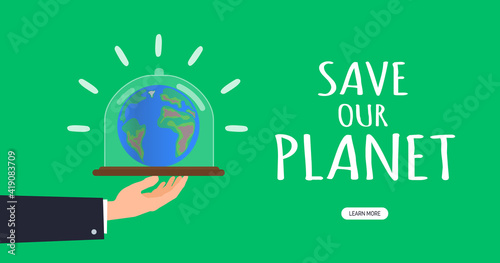 save our planet ecology concept hand holding tray with earth under glass dome vector illustration