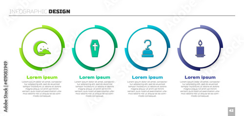 Set Moon and stars, Coffin with cross, Pirate hook and Burning candle. Business infographic template. Vector.