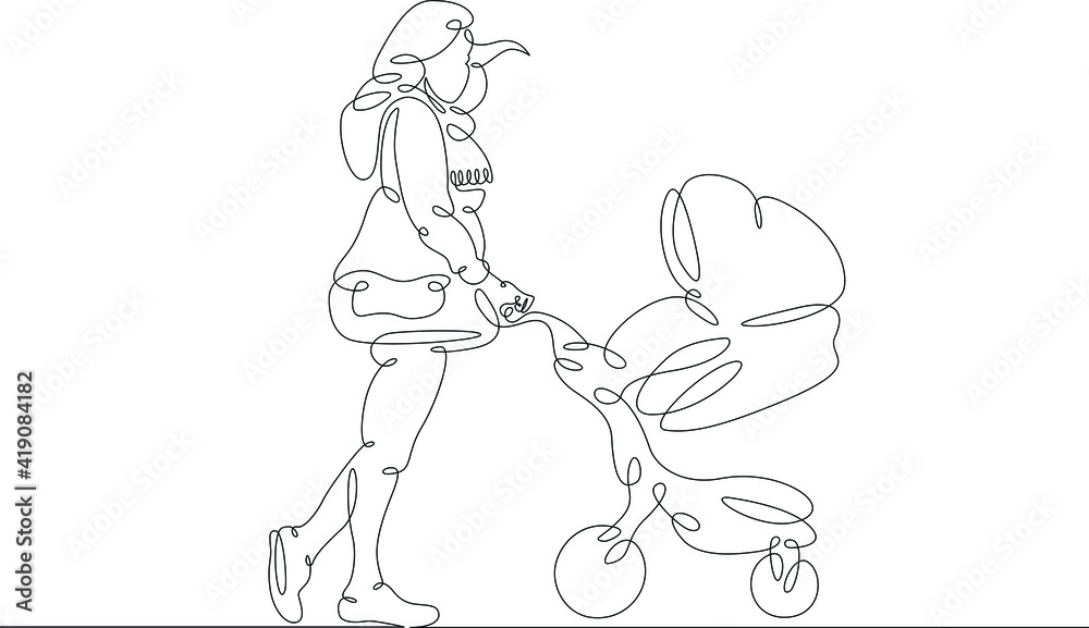 Young woman mother with baby carriage on a walk with toddler. One continuous drawing line  logo single hand drawn art doodle isolated minimal illustration.