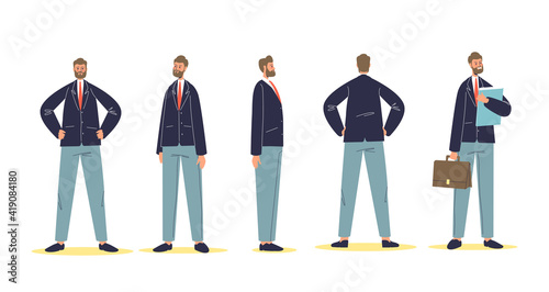 Cartoon businessman standing front, side and back view, wearing suit and holding suitcase