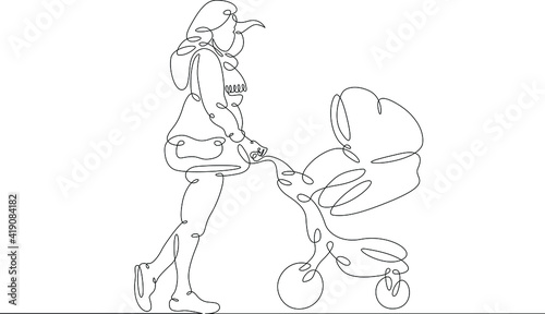 Young woman mother with baby carriage on a walk with toddler. One continuous drawing line logo single hand drawn art doodle isolated minimal illustration.