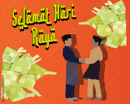 Vector Illustration of a text in malay "Selamat Hari Raya" which a greeting for eid mubarak. Eid Mubarak month of forfiveness is celebrated after the month of Ramadhan. Arabic Word is mean Eid Mubarak