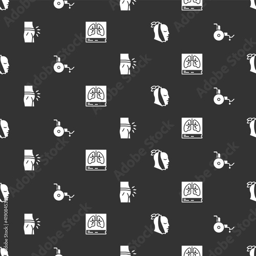 Set Toothache, Wheelchair, Abdominal bloating and Lungs x-ray on seamless pattern. Vector.