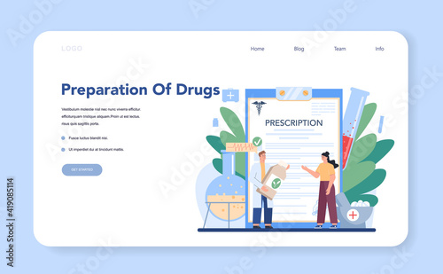 Pharmacy web banner or landing page. Pharmacist selling drugs in bottle and