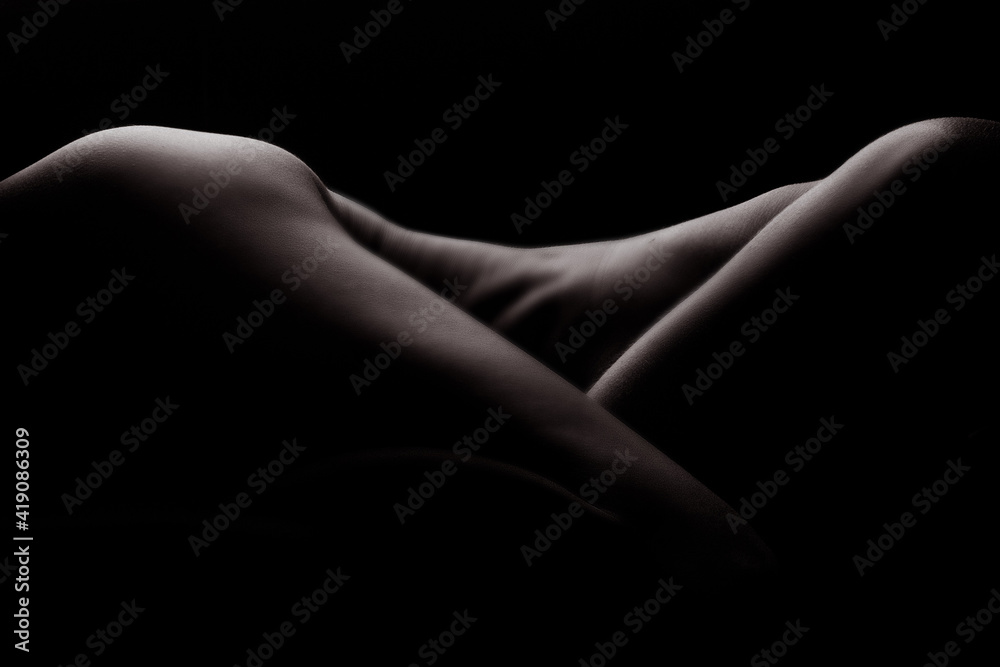 Naked Woman Sexy Silhouette, Sensual Girl Pose, Nude Body Dark Black and White