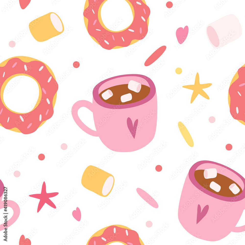 Seamless Pattern Donut and Coffee Cup. Seamless pattern for fabric,  wallpaper, banner or wrapping paper. Hand drawn style. Cute Cartoon  Illustration Stock Vector | Adobe Stock