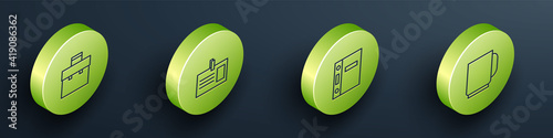 Set Isometric Briefcase, Identification badge, Office folders and Coffee cup icon. Vector.