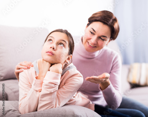 Young mother persuades daughter to make peace and not take offense at her mother.