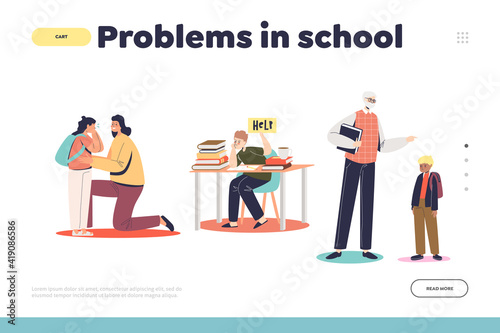 Problem in school concept of landing page with sad and depressed pupils kids