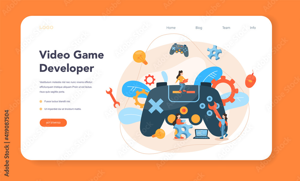 Game development web banner or landing page. Creative process