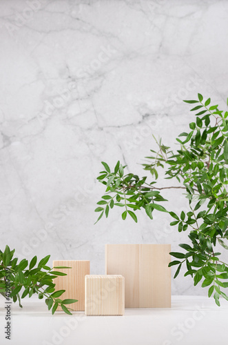 Wooden beige podium with green lush foliage in soft light white interior with marble wall for display and presentation produce, cosmetics, vertical.