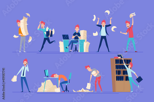 Chaotic business people. Unorganized office characters conflict managers chaos workers exact vector persons. Illustration business workplace, chaos problem work