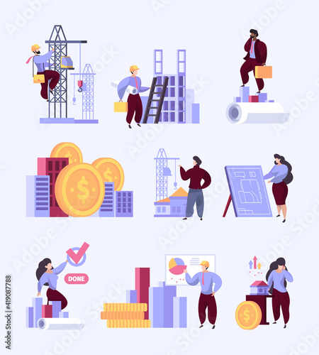 Builders talking. Business dialogue of real estate teamwork architectures management processes vector flat illustrations. Business builder, worker construction, professional contractor and engineer