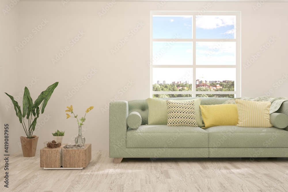 Fototapeta premium White living room with sofa and summer landscape in window. Scandinavian interior design. 3D illustration