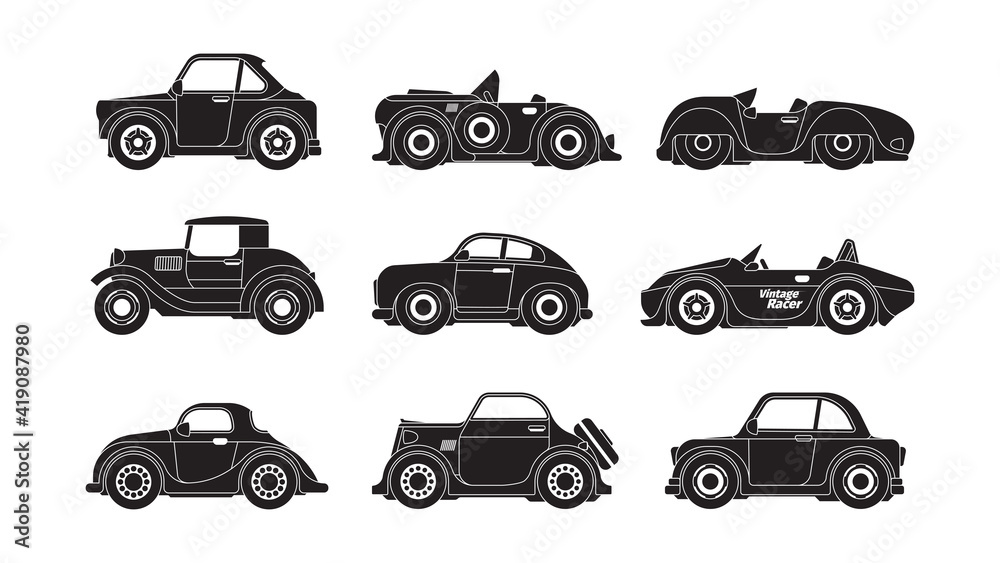 Retro cars silhouettes. Historical vintage urban transport garish vector vehicles black stylized symbols collection. Silhouette automobile, old car historic illustration