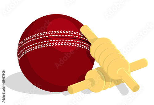 top bars of wooden cricket wicket lie on top on red sports ball. Isolated vector in cartoon style