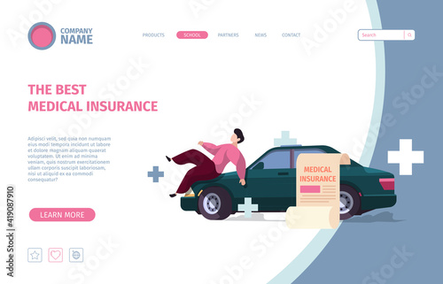 Car insurance landing. Accident with automobiles safety auto garish vector web template with concept illustration and place for text. Car service protection, automobile safety service