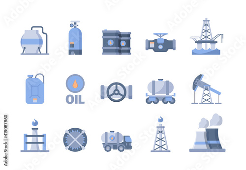 Oil and gas production icons. Nature exploration blue gas oil extraction refinery pipe factory and transporting tanks tower exudes natural energy garish vector symbols. Illustration gas fuel industry