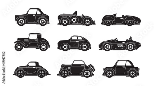 Retro cars silhouettes. Historical vintage urban transport garish vector vehicles black stylized symbols collection. Silhouette automobile, old car historic illustration